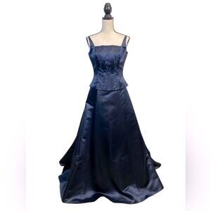 Vintage Navy Embroidered Satin Formal Dress Grace Kelly Button Back Ballgown 12